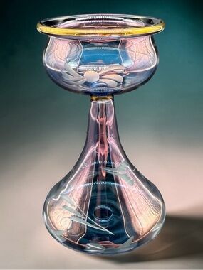 Iridescent Art Glass Violet Gold Candle Votive Holder Delicate Etched Leaves